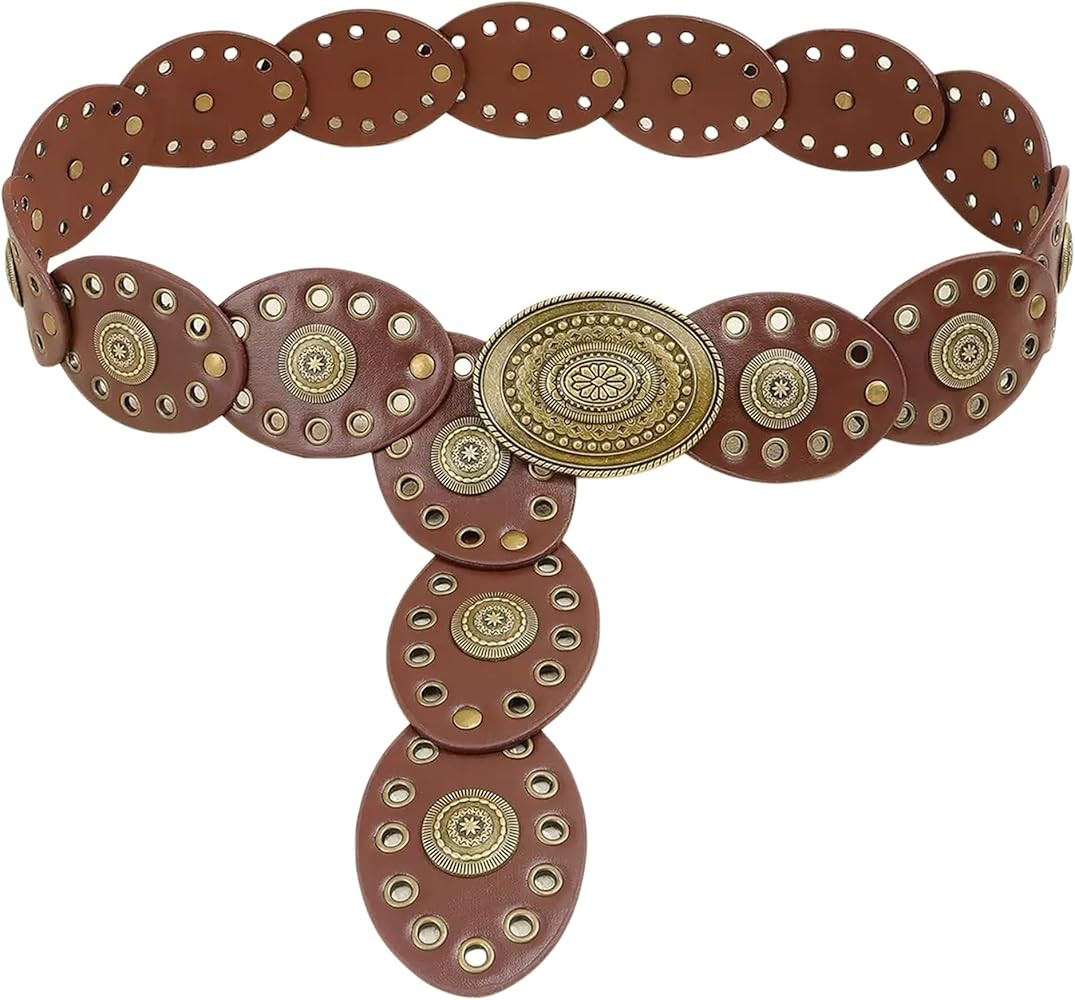 Western Chunky Wide Disc Belt for Women Boho Hollow PU Leather Waist Cowgirl Belt for Dresses Jea... | Amazon (US)