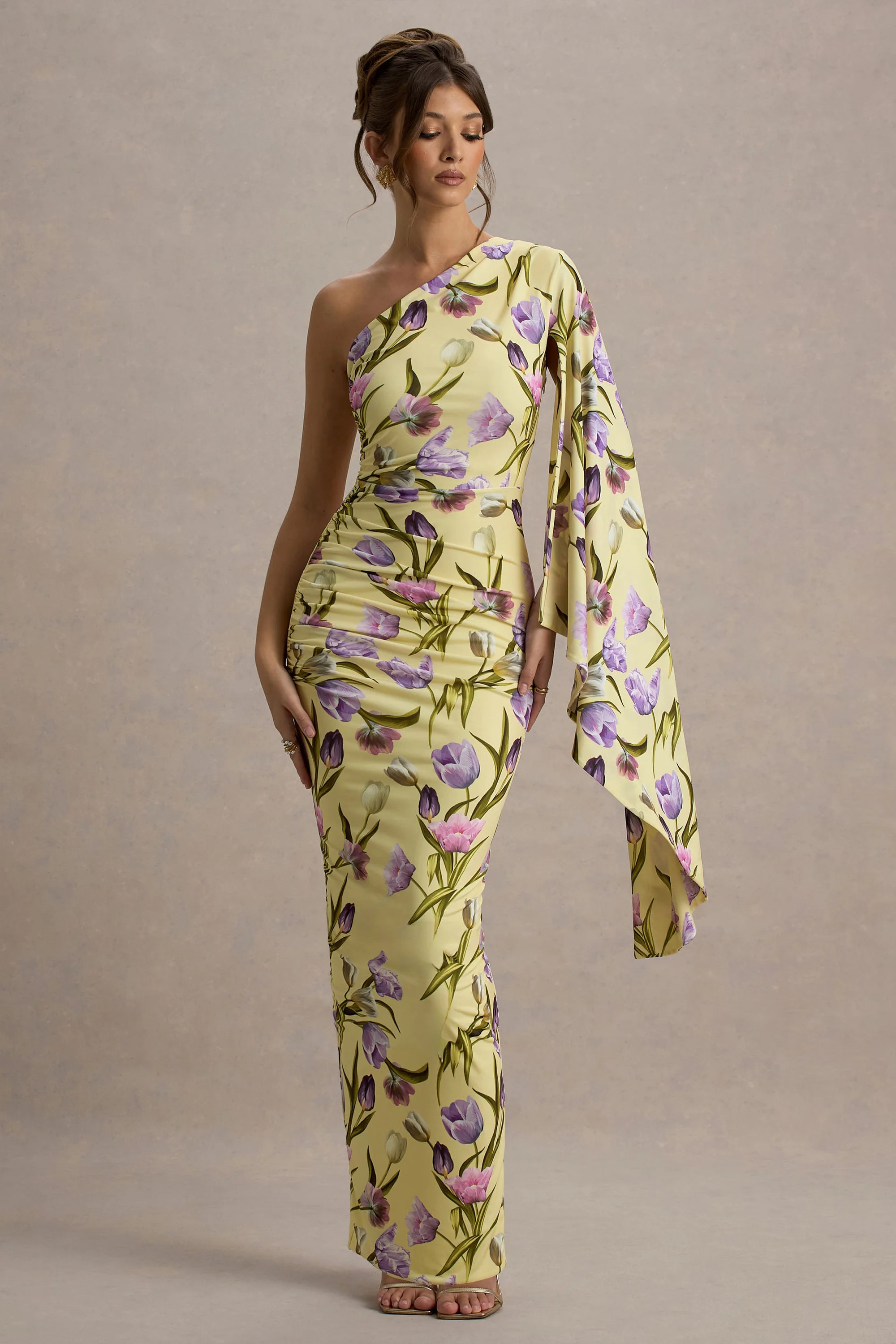 Clementina | Tulip Floral Print Asymmetric Cape Sleeve Maxi Dress | Club L London