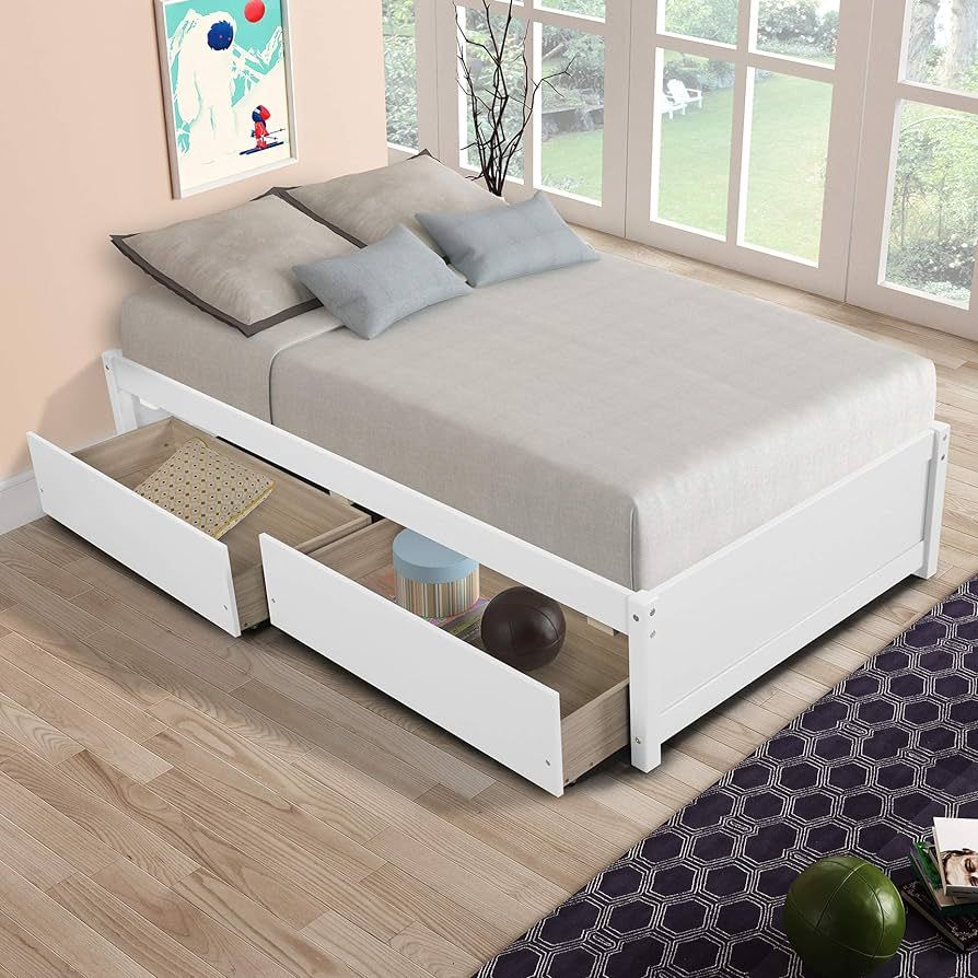Twin Size Platform Bed with 2 Storage Drawers Under Bed, Solid Wood Daybed with No Headboard for ... | Amazon (US)