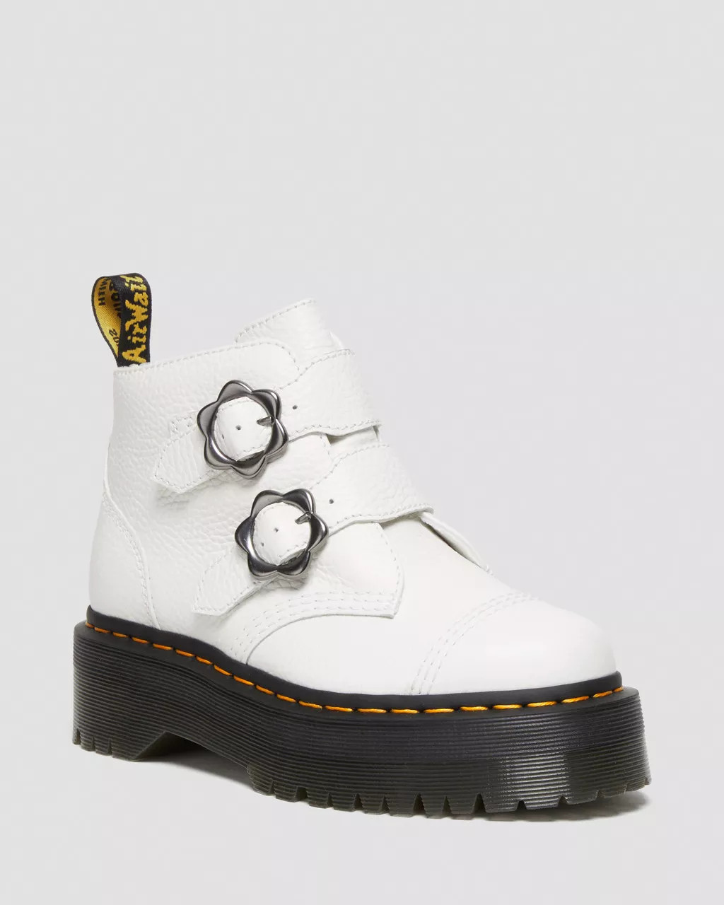 Devon Flower Buckle Leather Platform Boots in White | Dr. Martens | Dr. Martens