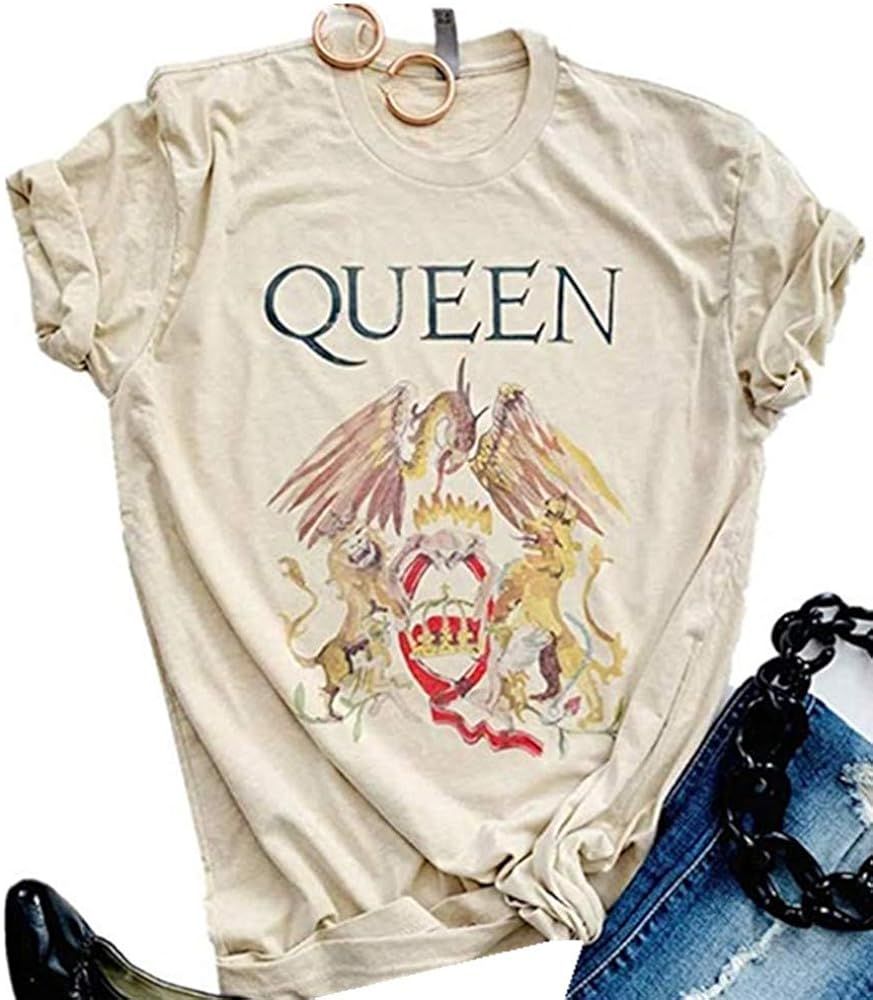 Queen T-Shirt Vintage Freddie Memorial Day Band Graphic Tees Cute Short Sleeve Tops | Amazon (US)