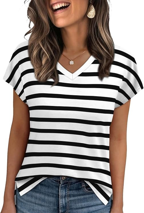 WIHOLL Womens Tops Basic Summer V Neck T Shirts Short Sleeve Dressy Casual Loose Fit Cute Tee Clo... | Amazon (US)