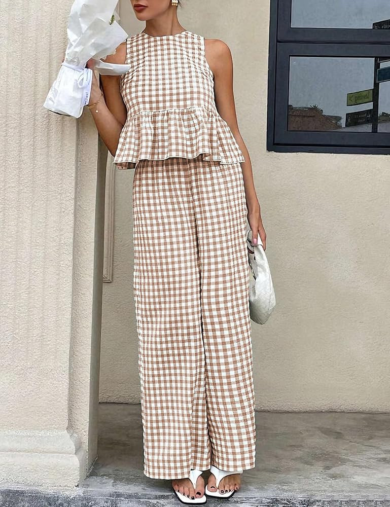 Tanming Women's 2 Piece Set Outfits Gingham Plaid Tank Tops Wide Leg Pants Matching Lounge Sets | Amazon (US)