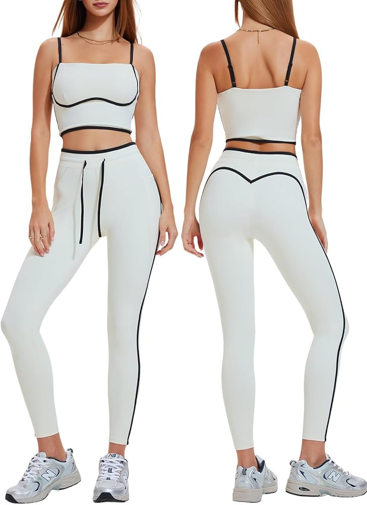 Women's 2 Piece Workout Set with Pockets Square Neck High Waist Leggings for Gym Tennis Golf Yoga... | Amazon (US)