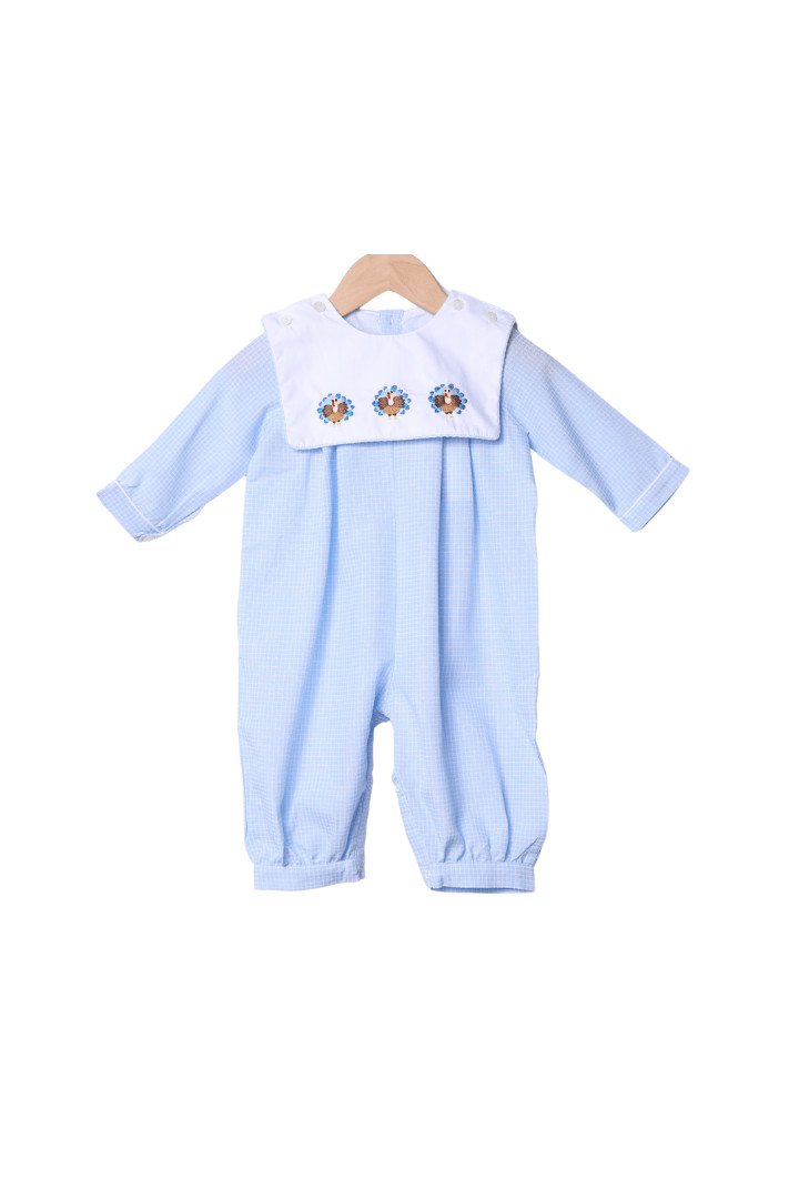 Interchangeable Turkey/Santa Blue Windowpane Romper | The Smocked Flamingo