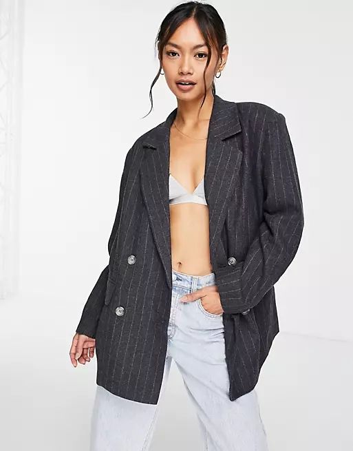 Selected Femme double breasted wool mix suit blazer in gray pinstripe | ASOS (Global)