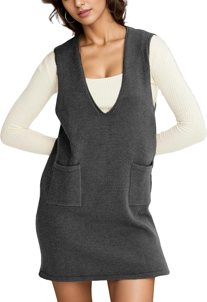Women’s Sweater Vest Dress V Neck Sleeveless Knit Pullover Pinafore Mini Dress with Pockets | Amazon (US)