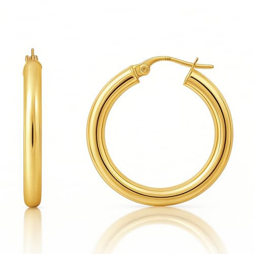 MAX + STONE Solid 14k Gold Hoop Earrings with Click Tops for Women | 1 Inch Large Yellow Gold | Amazon (US)