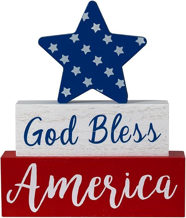 4th of July Decorations, Memorial Day God Bless America Wooden Block Sign with Star, 250th Annive... | Amazon (US)