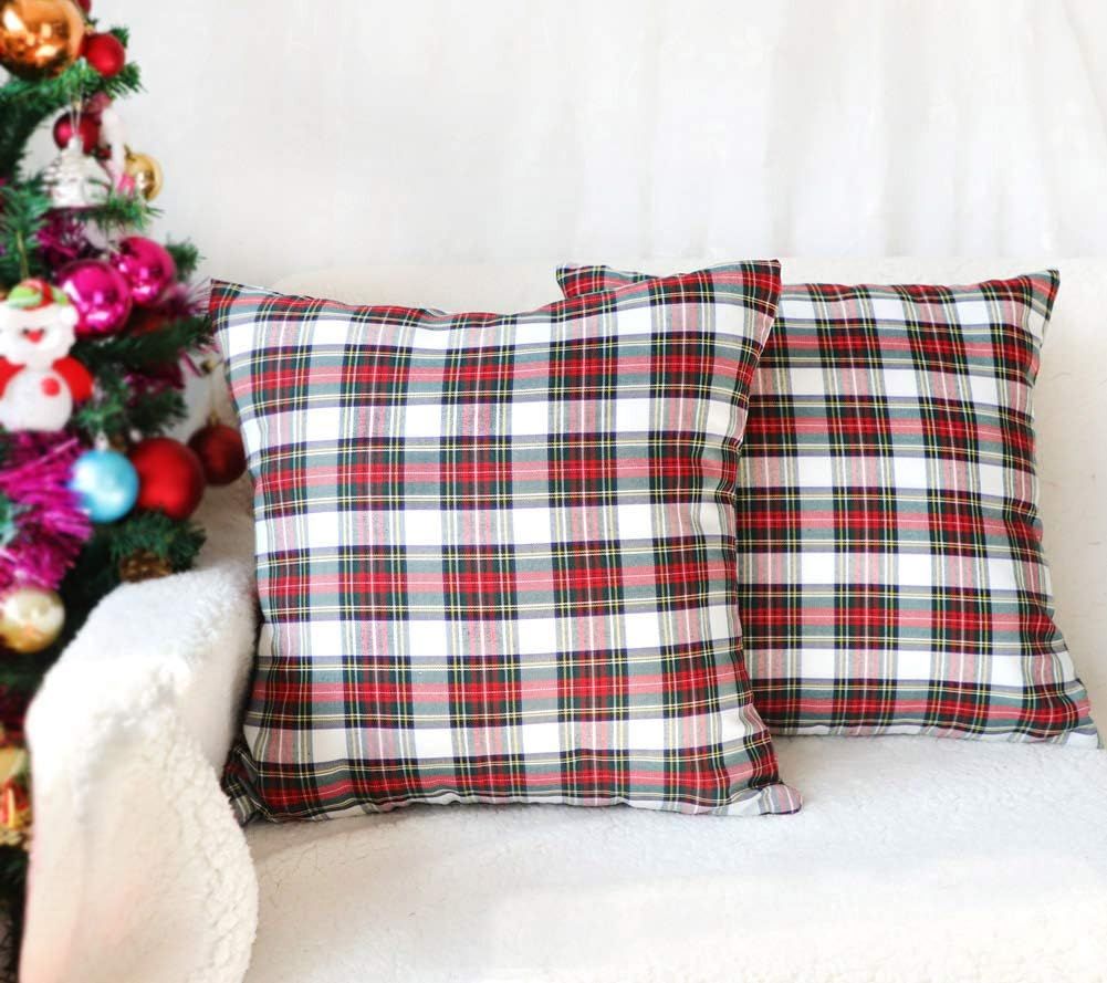 4TH Emotion Set of 2 Christmas Scottish Tartan Plaid Throw Pillow Covers Cushion Case Cotton Poly... | Amazon (US)