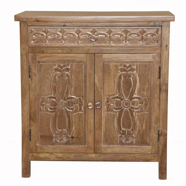 Artisanal Handcarved Natural Wood Accent Storage Cabinet - Overstock - 35066212 | Bed Bath & Beyond