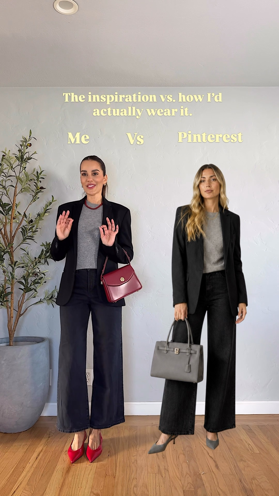 The same timeless base: black blazer, gray knit, and dark-wash jeans. Then I added red heels, a matching bag, and subtle jewelry to give the look more personality and polish.

Pinterest outfit inspiration, me versus Pinterest, black blazer outfit, gray sweater outfit, dark wash jeans, wide leg jeans outfit, red accessories outfit, red heels outfit, timeless outfit formula, elevated basics, classic style, women over 40 fashion, chic everyday outfit, polished casual style, capsule wardrobe, outfit recreation, effortless fashion, LTK outfit, Real Life Chic.

#LTKootd #LTKgrwm #LTKOver40
