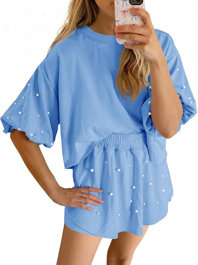 Fisoew Womens Summer Lounge Shorts Sets 2 Piece Outfits Decor Pearl Short Puff Sleeve Sweatshirt ... | Amazon (US)