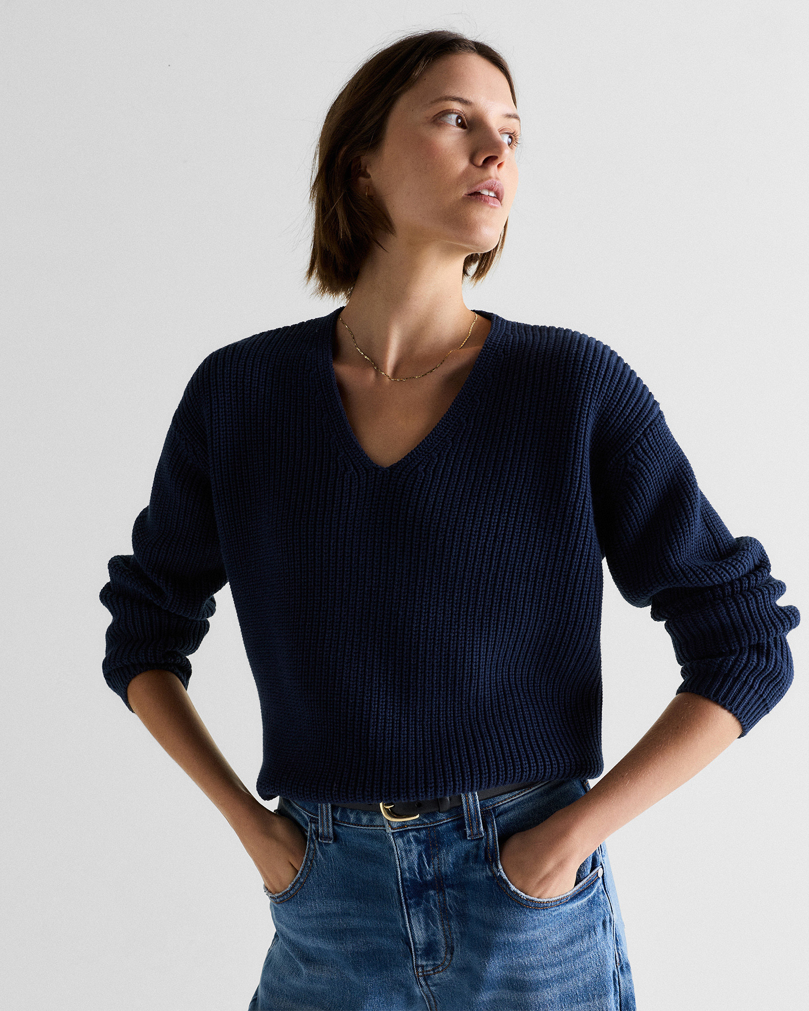 Quince | Women's Fisherman V-Neck Sweater in Navy, Size Large, Organic Cotton | Quince
