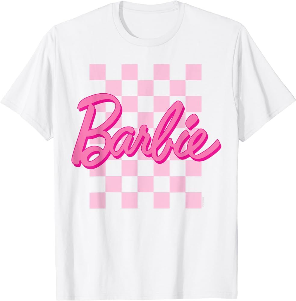 Barbie - Barbie Logo Checkered Background Short Sleeve T-Shirt For Women, Small | Amazon (US)