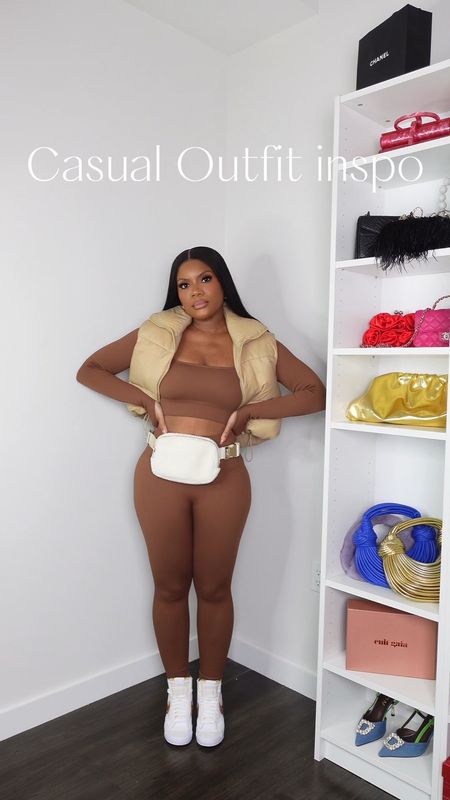 Casual outfit inspo, casual outfit, brown two piece set, puffer vest, Fanny pack m, fall outfit, sneakers, Nike blazers, cheetah print, wig, workout set, workout outfit, gym outfit, gym set 

#LTKstyletip #LTKSeasonal #LTKfitness