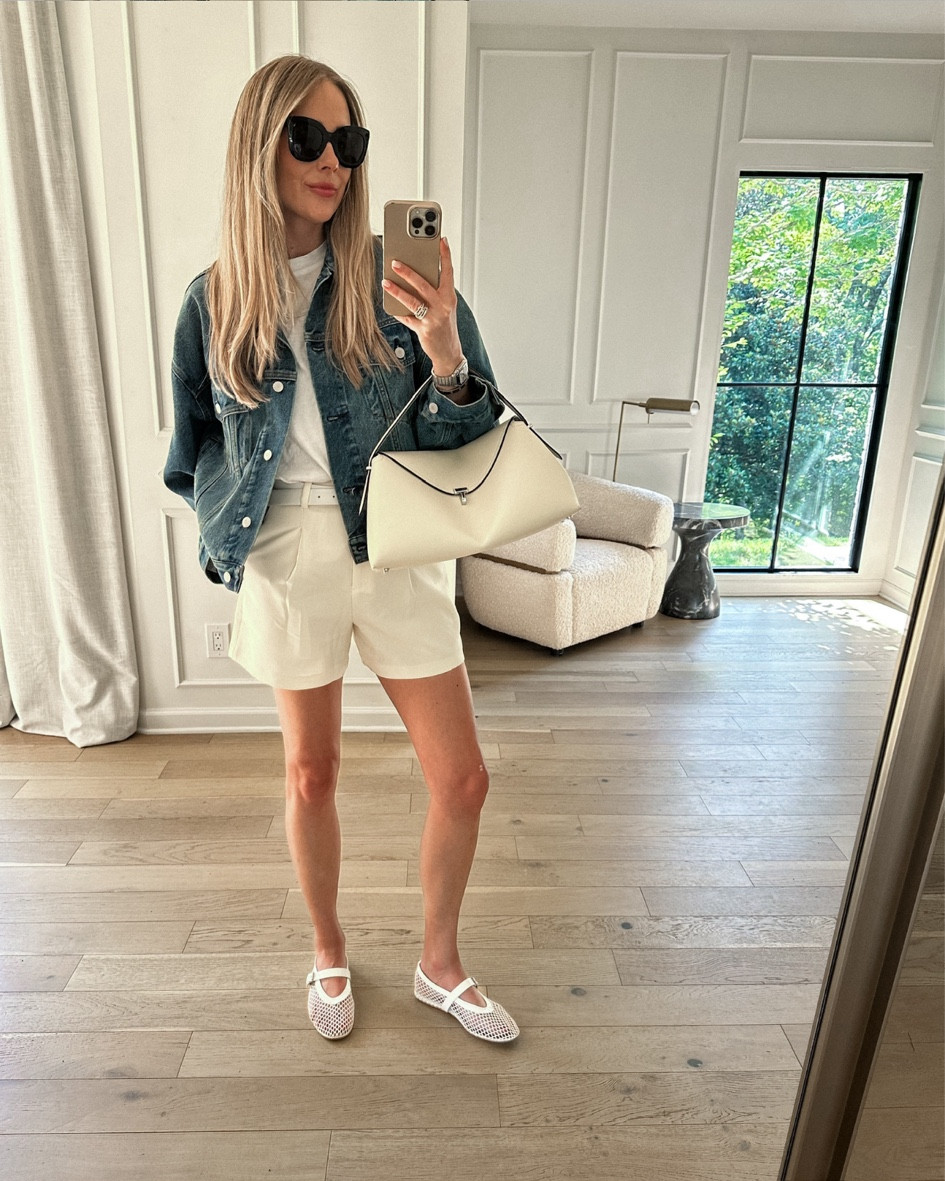 Summer outfit, denim jacket outfit, white and blue outfit, white shorts outfits, mesh flats outfit 

#LTKOver40 #LTKShoeCrush #LTKStyleTip