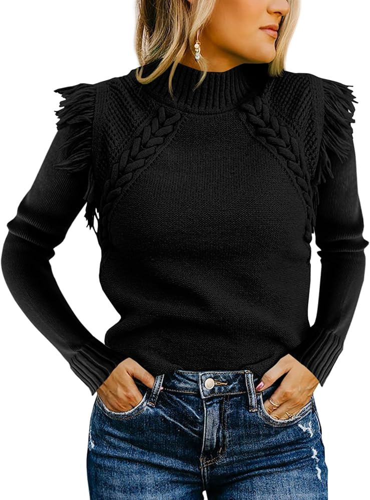 Saodimallsu Womens Cable Knit Sweaters Mock Neck Fringe Fitted Long Sleeve Boho Trendy Pullover T... | Amazon (US)