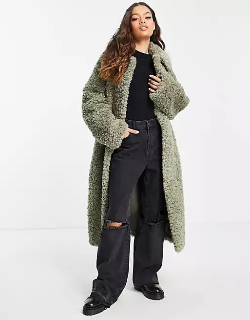 ASOS DESIGN Petite collared fleece coat with belt in sage | ASOS (Global)