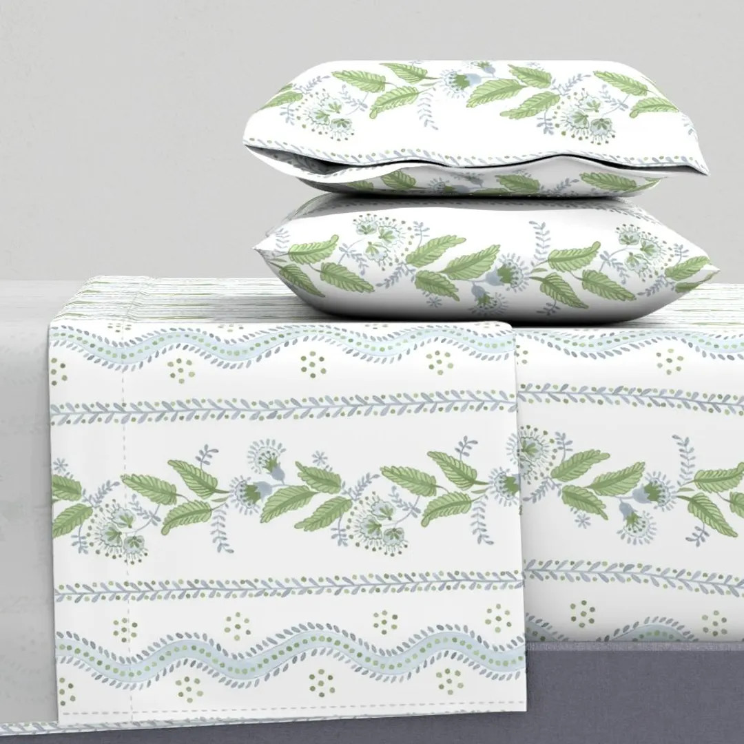 Regency Floral Sheets - Soft Blue And Greens by danika_herrick - Folk Art Light Blue Leaves Cotto... | Etsy (DACH)