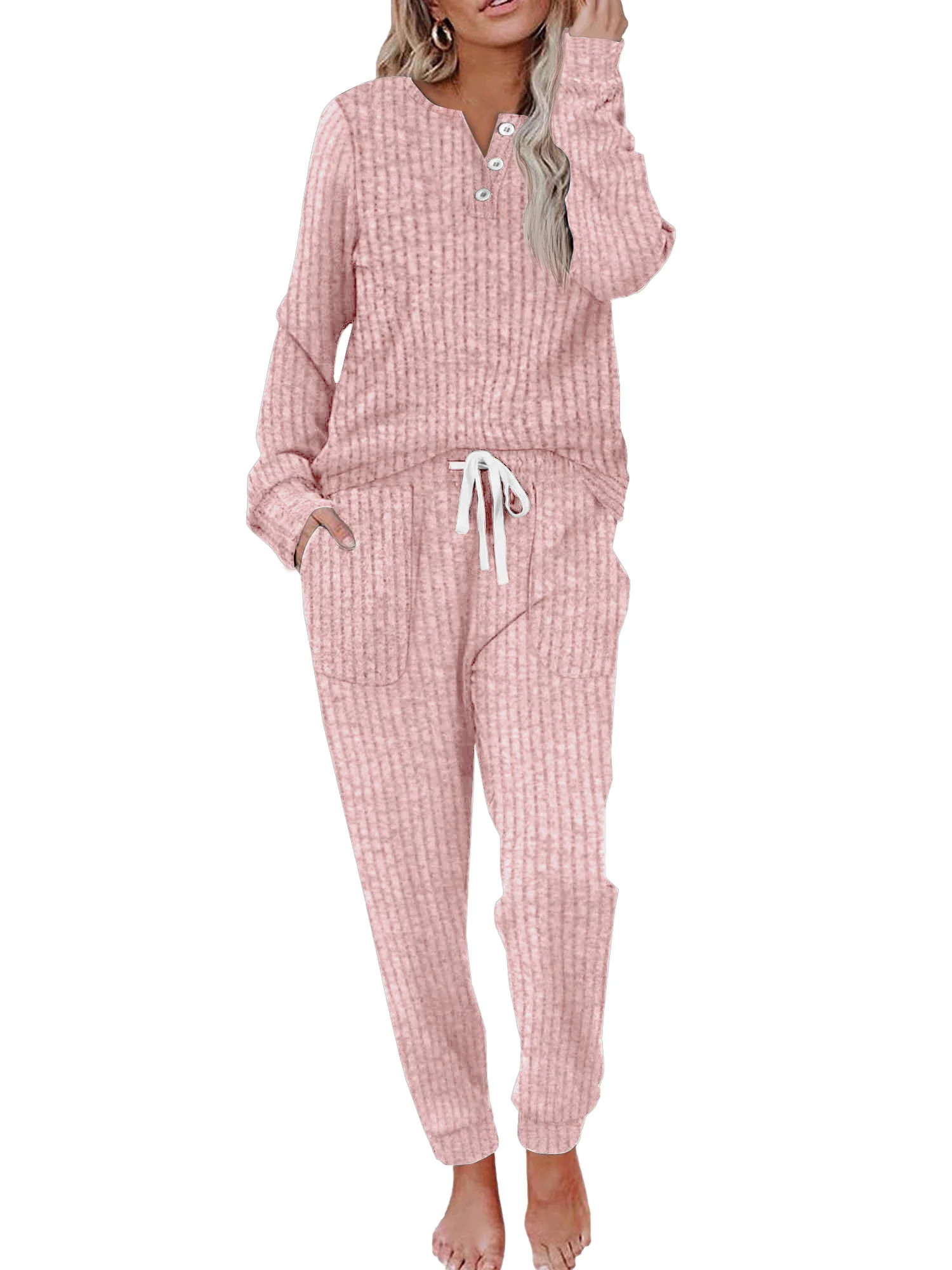 MOSHU Two Piece Womens Pajama Sets Button Down Shirts and Drawstring Pants with Pockets Solid Lou... | Walmart (US)