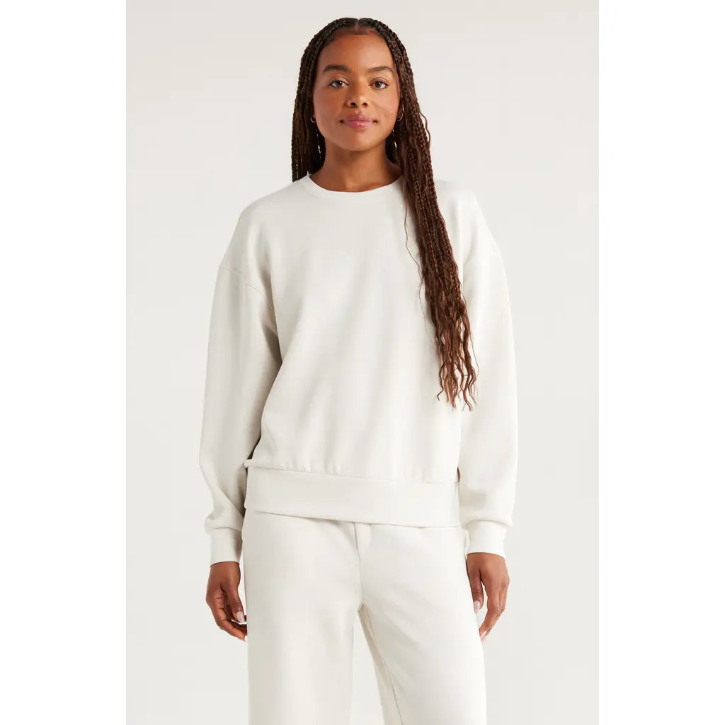 Zella Ultrasoft Boxy Crew Sweatshirt in Beige Ivory Heather at Nordstrom, Size Large | Nordstrom
