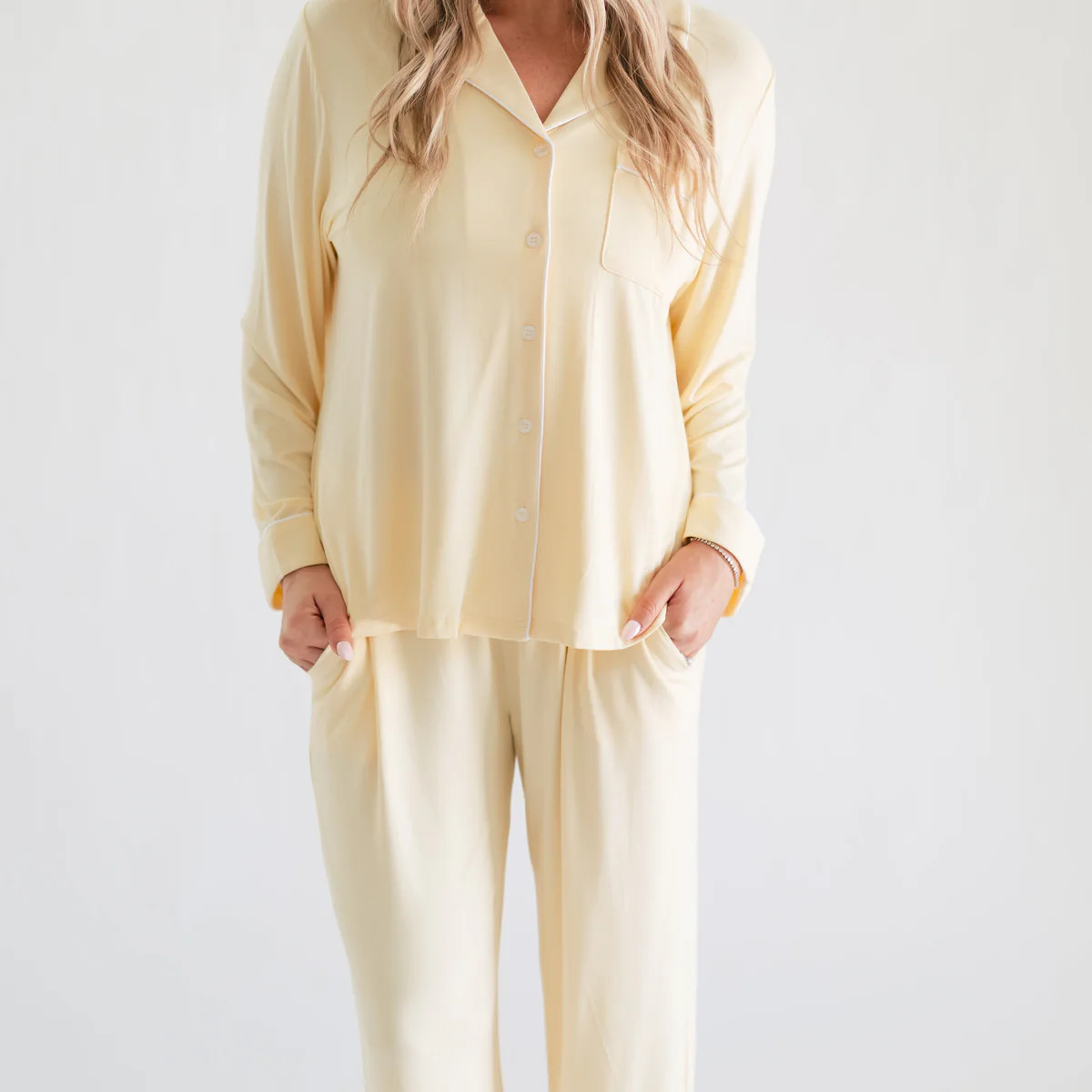Women's Button Up Set In Butter Yellow | Silks Design