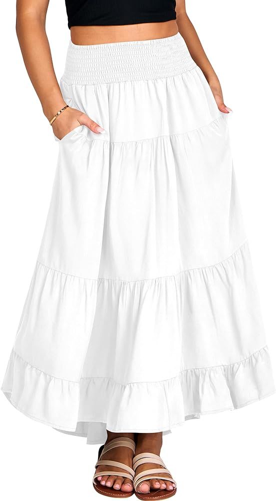 ANRABESS Women Summer Maxi Skirt Elastic High Waist Flowy Boho Casual Tiered Aline Long Skirts | Amazon (US)