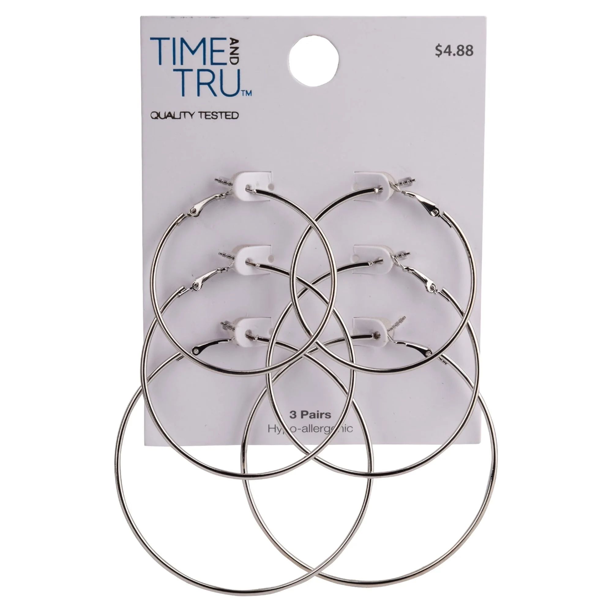 Time and Tru Female 3-On Imitation Rhodium Hoop Earring Set | Walmart (US)