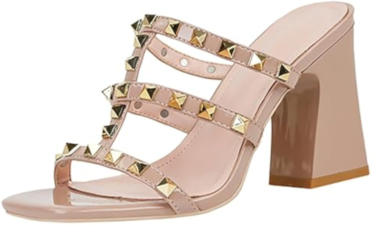 Women'S Leather T-Strap Strappy Studded Chunky Heel Slide Sandals Fashion Multi Band Square Toe O... | Amazon (US)