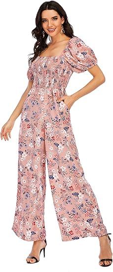 Women's Summer Floral Lantern Sleeve Tube Top High Waist Wide Leg Pants Casual Loose smocked Jump... | Amazon (US)