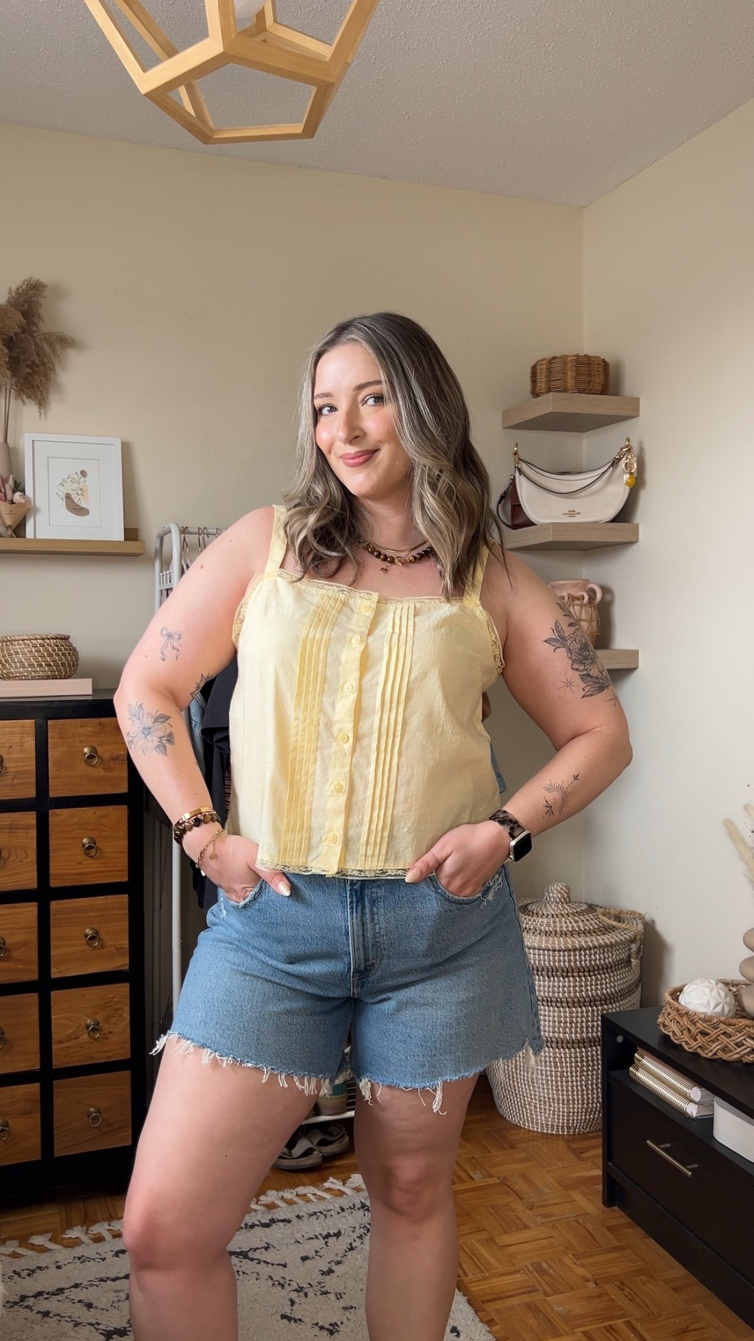 Casual summer outfit! Canadian Gap links are under “similar products”. Wearing my usual size L in the butter yellow tank top (technically a pj top but cute enough to wear out!) Wearing 32 in the denim shorts (I recommend sizing up 1!). 

#LTKsummer #LTKmidsize #LTKstyletip