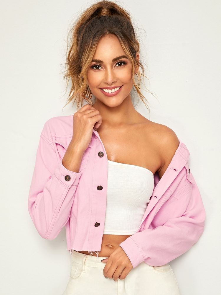 Pink Wash Frayed Hem Denim Jacket | SHEIN