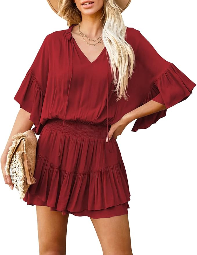 Dellytop Women's Summer Beach Romper Ruffle Layered Smocked Dress Shorts Jumpsuits | Amazon (US)