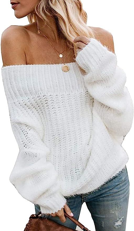 SySea Womens Off The Shoulder Sweater Sexy V Neck Pullover Sweaters Oversized Chunky Knit Jumpers | Amazon (US)