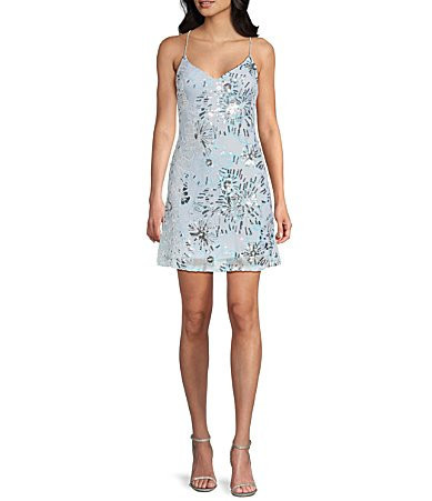 Midnight Doll Sequin Beaded Floral Patterned Mesh Rhinestone Strap Mini Dress - M | Dillard's