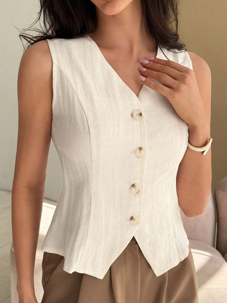 Beige Linen Vest Top | SHEIN