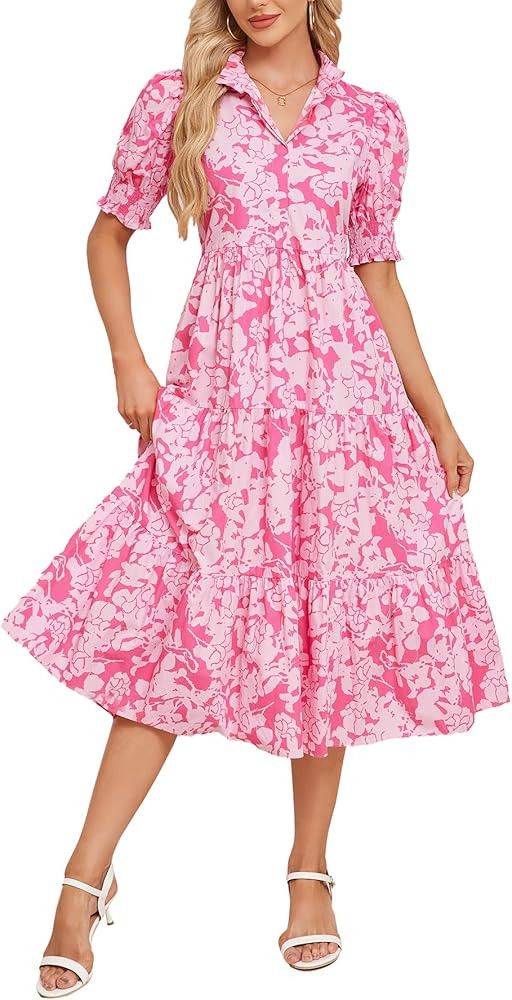 Kedera Women Summer Casual Maxi Dress Trendy 2025 Puff Short Sleeve V Neck Ruffle Tiered Flowy Bo... | Amazon (US)