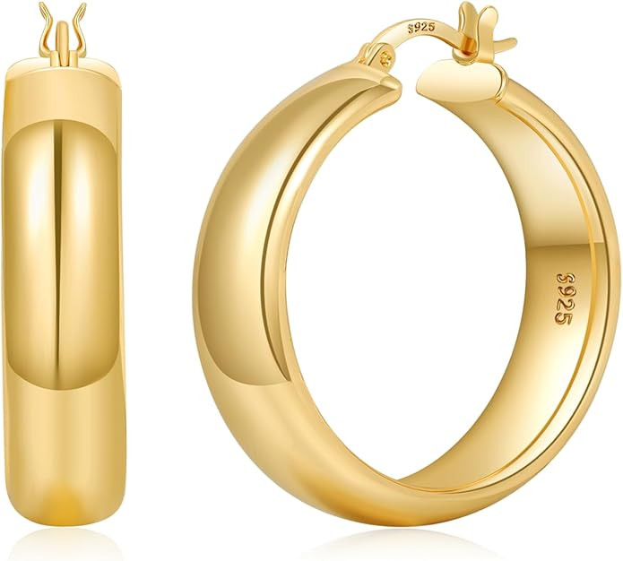 YOUNGYUE 8mm Wide Chunky Gold Hoops 14K Real Gold Plated Hypoallergenic 925 Sterling Silver Hoops... | Amazon (US)