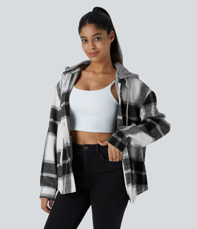 Women’s Removable Hood Drawstring Button Long Sleeve Side Pocket Plaid Casual Jacket - Halara | HALARA
