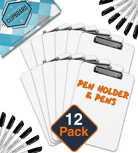 Dry Erase Clipboard + Pen Holder + Markers (12pc) Set of 12 Clip Boards Multi Pack with Whiteboar... | Amazon (US)