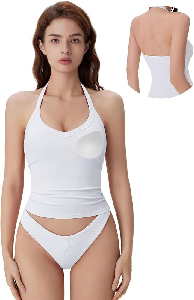 SUUKSESS Halter Tank Top for Women with Built in Bra Cotton Ribbed V Neck Cami | Amazon (US)