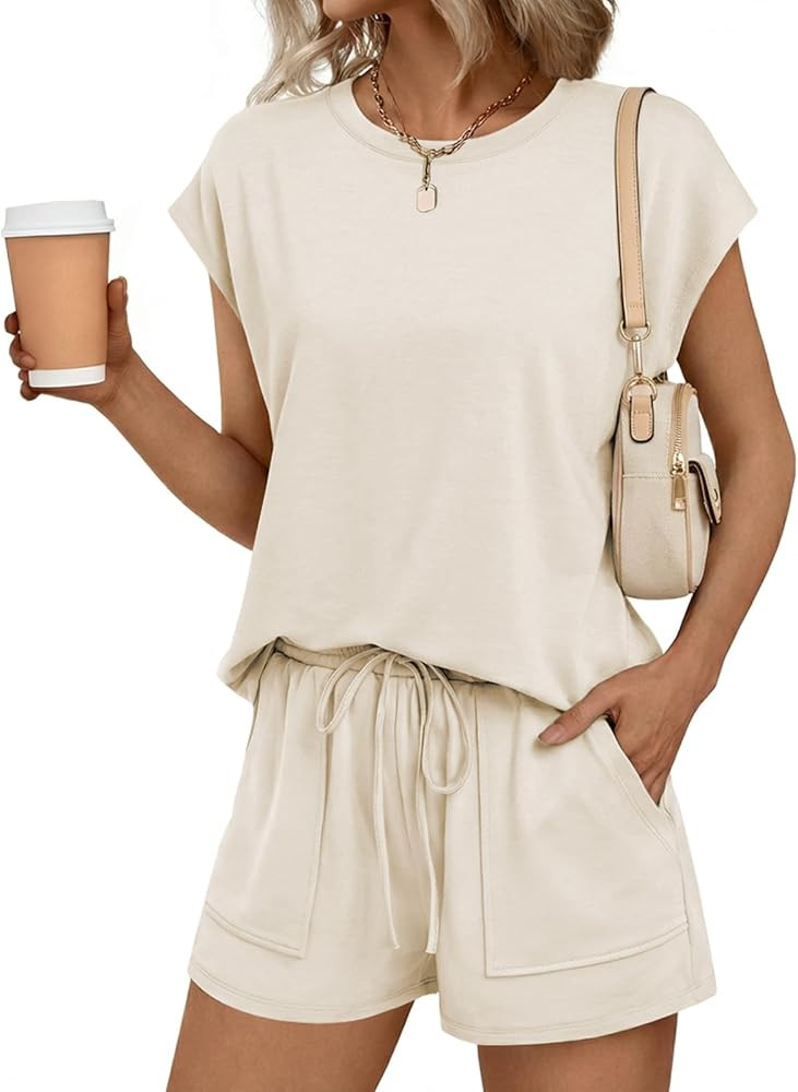 2 Piece Sets for Women Summer Outfits Lounge Sets Crew Neck Short Sets Cap Sleeve Drawstring Swea... | Amazon (US)