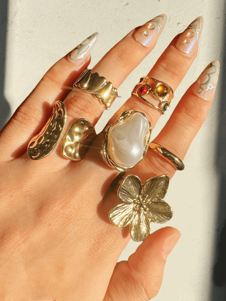 6pcs Set Shiny Luxurious Fashion Simple Elegant Personalized Delicate Premium Unique Geometric Floral Colorful Gemstone Pearl Rings Set, Women Everyday Jewelry | SHEIN