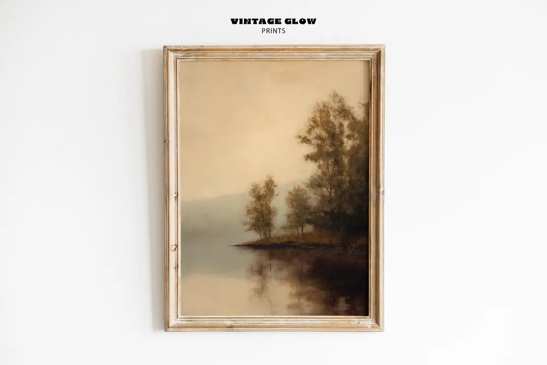 Vintage Fall Lake Painting | Moody Autumn Landscape Wall Art | Rustic Farmhouse Thanksgiving Prin... | Etsy (US)