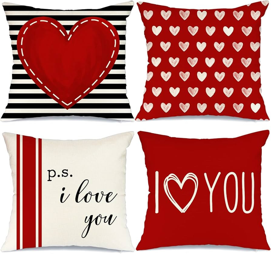 GEEORY Valentines Day Pillow Covers 18 x 18 inch Set of 4 for Valentines Decor Red Black Stripes ... | Amazon (US)