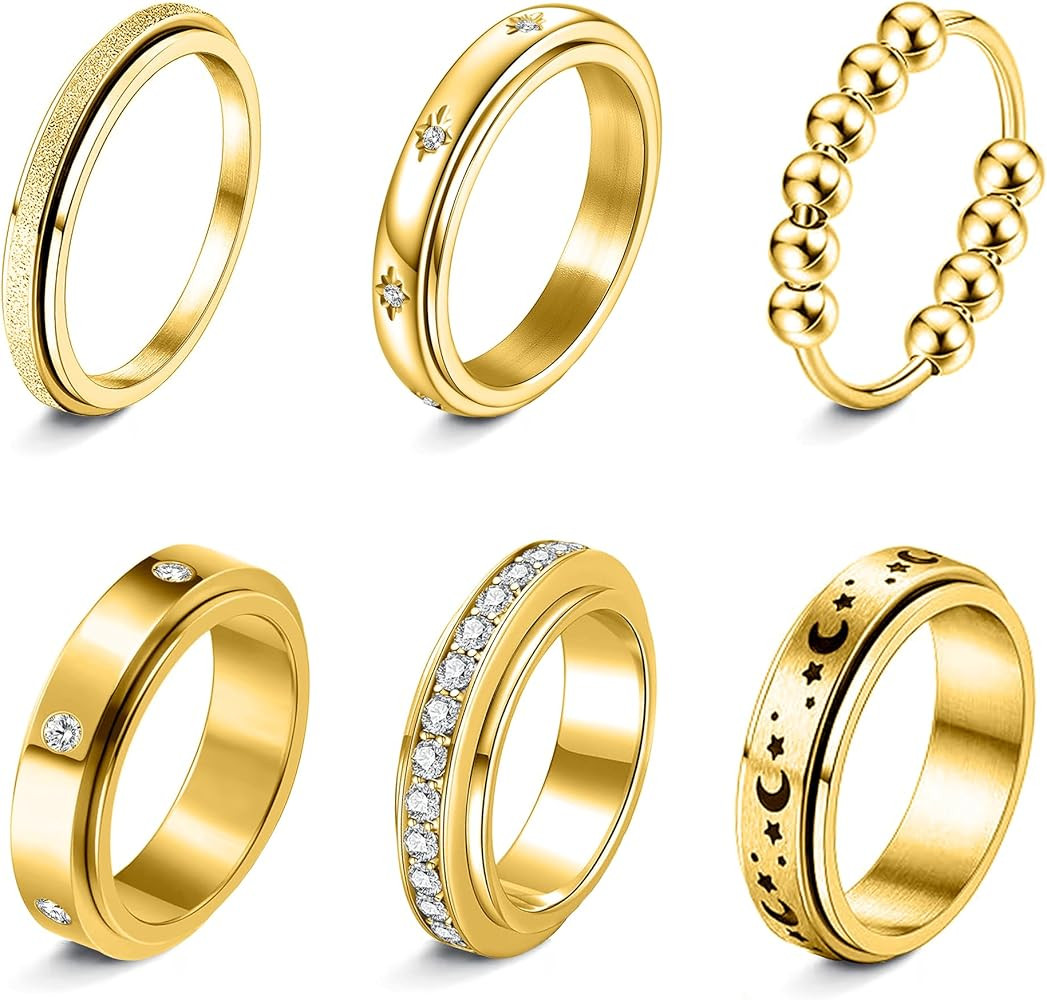Fidget Rings for Anxiety 6pcs Stainless Steel Spinner Ring Anti Anxiety Ring Spinning Moon Star C... | Amazon (US)