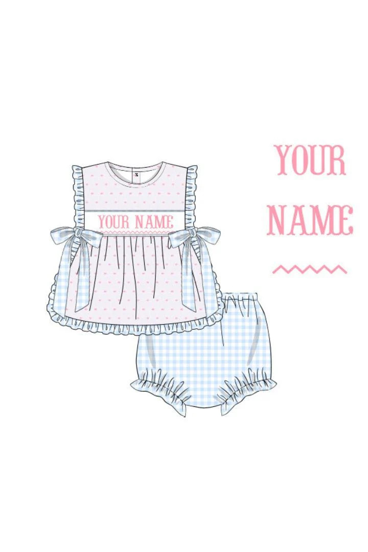 Pre-Order Hand Smocked Custom Name Blue Swiss Dot Gingham Apron Set | The Smocked Flamingo