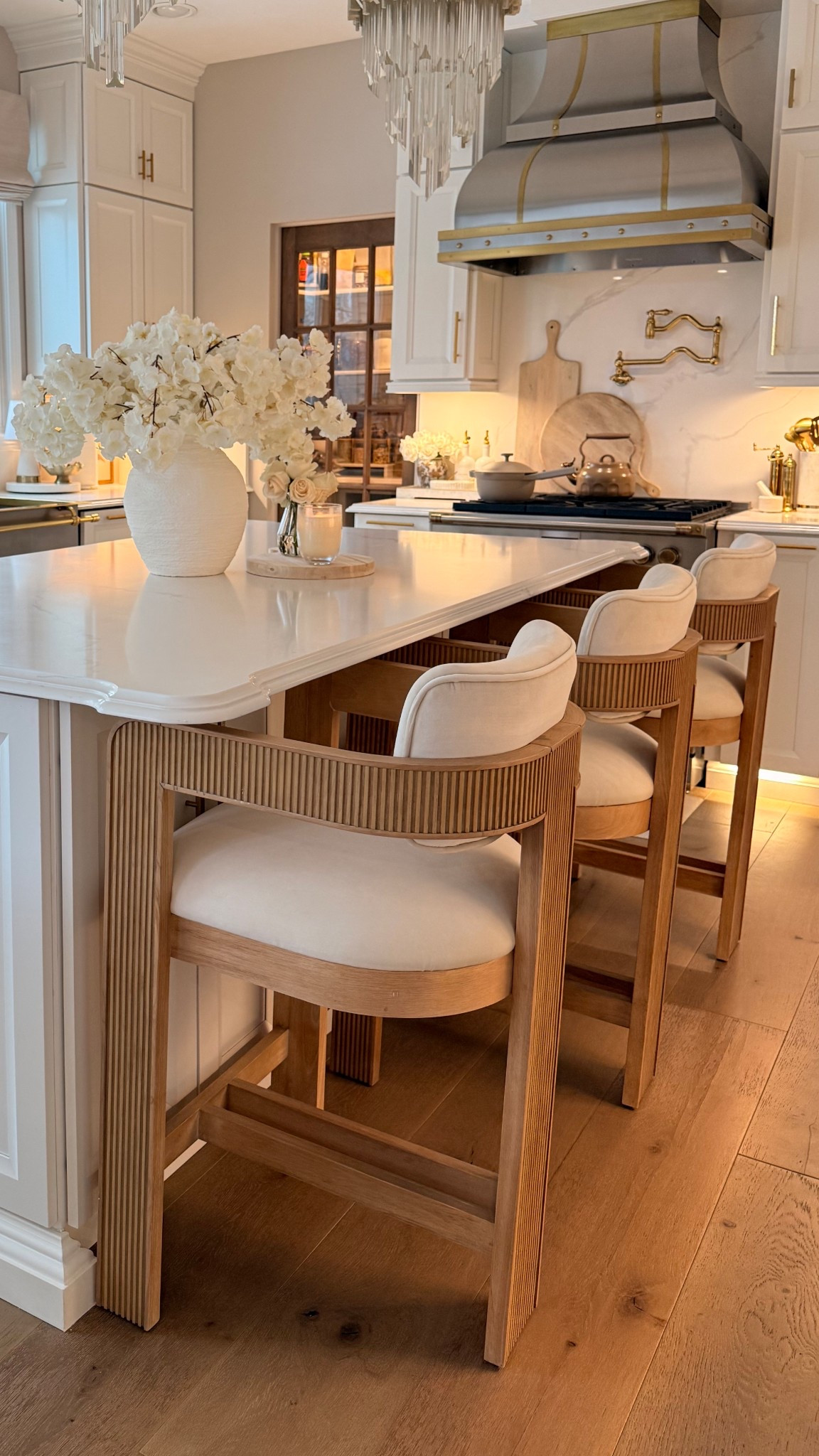 My velvet and white oak counter stools 