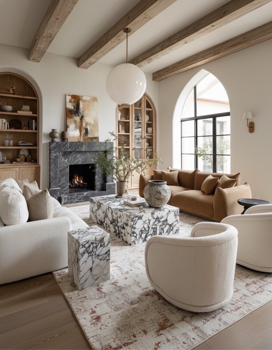 Traditional Modern Living Room. Marble coffee table, marble end tables, white cream swivel chair, brown traditional rug, brown sofa, terracotta vase, white sofa, modern brown abstract art, brass wall sconce. 

#LTKSaleAlert #LTKHome